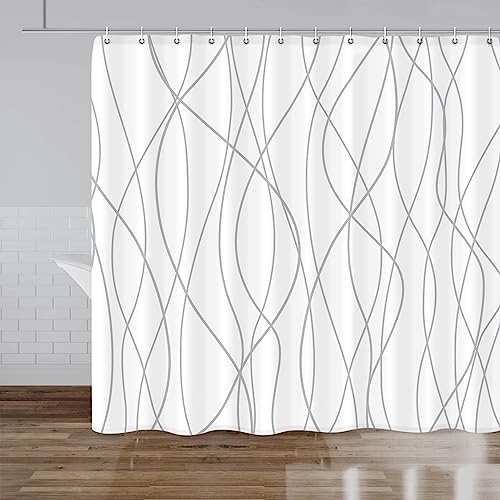 "Punkray Striped Shower Curtain with Hooks, Weighted Hem Shower Curtains Water Repellent Machine Washable, Grey White, 96"" W x 72"" L"