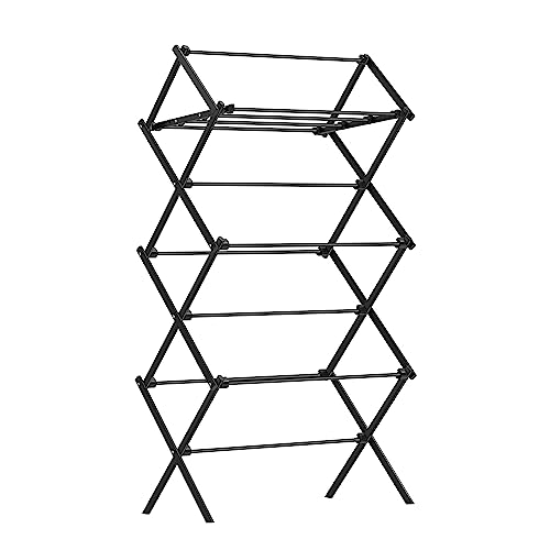 SONGMICS Foldable Clothes Airer, Clothes Drying Rack, Compact Clothes Horse Dryer, Laundry Rack, Steel Frame, 37 x 75 x 135.1 cm, Easy Assembly, Indoor Outdoor Use, Black LLR770B01