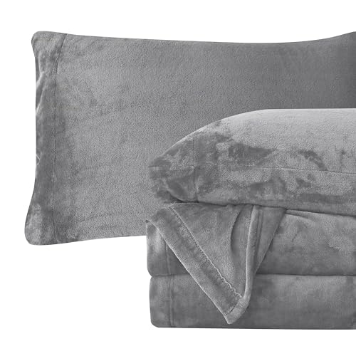 Elegant Comfort Luxuriously Soft 4-Piece Velvet Plush Flannel Sheet Set - Premium Quality - Cozy Warm, Anti-Static, Non Pilling Fuzzy Velvet Flannel Fleece Deep Pocket Sheet Set - Twin, Gray