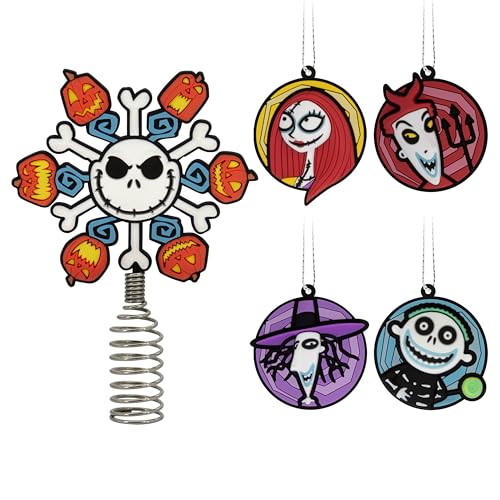 "Hallmark Disney Tim Burton's Nightmare Before Christmas 5"" Miniature Christmas Tree Topper and Mini Ornaments, Set of 5, Shatterproof"
