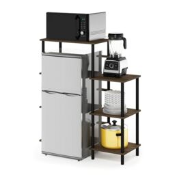 Furinno TURN-N-TUBE Coffee Bar, 4-Tier Bakers Rack with Mini Fridge Stand Shelf, Kitchen Shelves, for Pantry Organizers and Storage, Kitchen Organization, Columbia Walnut
