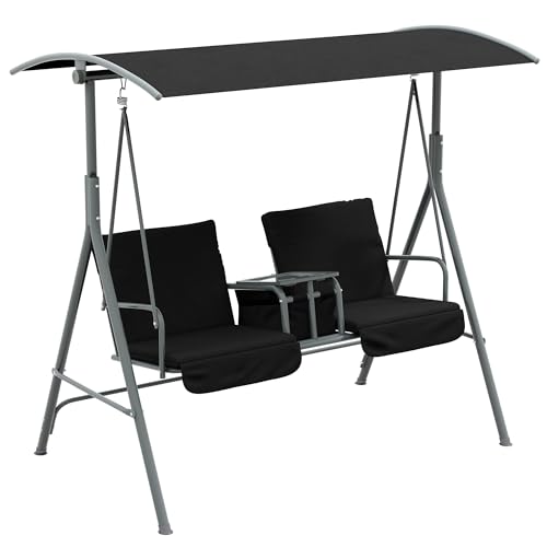 Outsunny 2 Seater Garden Swing Chair Patio Rocking Bench w/Tilting Canopy, Double Padded Seats, Storage Bag and Tray, Black