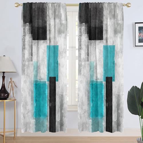 "AAtter Teal Black and Grey Window Curtain Turquoise Aqua Gray Silver White Geometric Abstract Simple Art Living Room Bedroom Window Drapes Treatment Fabric 1 Pair Home Decor, 42"" W x 84"" L, Modern"