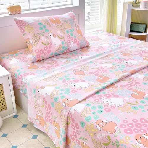 Homilay Kids Twin Sheet Sets for Girls Teens - 3 Piece Cute Rabbit Breathable Soft Microfiber Bed Sheets - Easy Fit Deep Pockets Wrinkle Free - Cartoon Cozy Toddler Bedding Sets