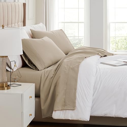 "Southshore Fine Living, Inc. Queen Sheet Set, Deep Pocket Bed Sheets, Queen Size Set with 21"" Deep Pocket Fitted Sheet, Pleated Flat Sheet and Queen Pillow Cases Set of 2, Taupe Sheets Queen Size"