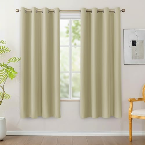 Bonzer 100% Blackout Curtains 4 Panels - Thermal Insulated Light Blocking Window Drapes 63 Inch Length, Single Layer Grommet Curtain with Black Laminated Backing for Bedroom/Living Room, Beige