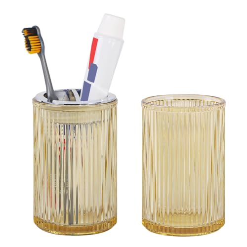 Tonxus Toothbrush Holders for Bathrooms, 2pcs Glass Toothbrush Holder, 12oz Bathroom Tumbler and Mouthwash Cup, Tooth Brush and Toothpaste Organizer for Bathroom Vanity Countertop (Amber Silver)