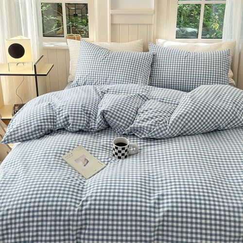 Blue Gingham Duvet Cover Full Size Washed Cotton Blue Grid Comforter Cover 3 Pieces Plaid Duvet Cover with Zipper Closure Luxury Soft Gingham Plaid Bedding Cover Full with 2 Pillowcases