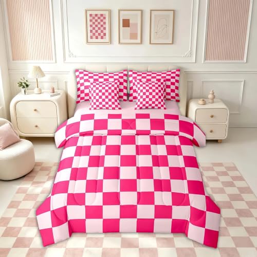 Feelyou Checkered 7 Piece Bedding Set Teen Women Boho Modern Cute Aesthetic Decorative Girly Comforter Set with Sheets Full Size Kids Boys Geometric Chic Bed in a Bag Pink White Plaid Room Decor