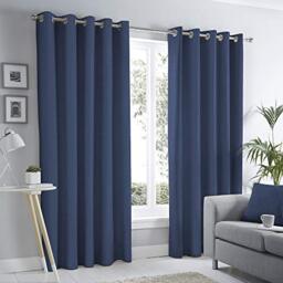 Fusion Sorbonne Navy Blue Eyelet Curtains W46 x L54 (117 x 137cm) – 100% Cotton Thermal Drapes – Dark Blue Window Treatment for Bedroom, Living Room & Door – 2 Panels