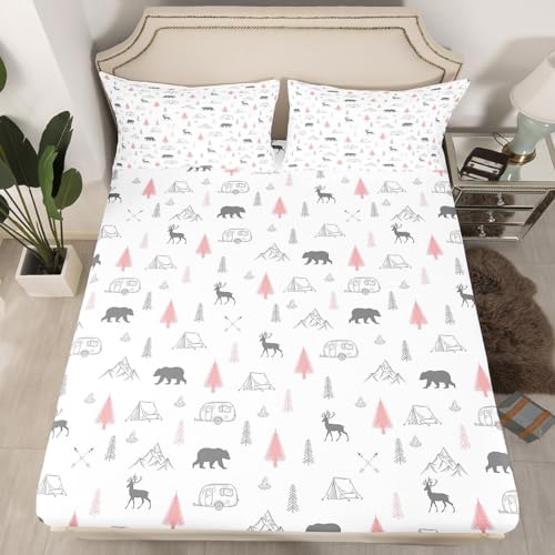Bear Deer Print Fitted Sheet,Camping Car Adventure Bed Sheets for Kids Girls Adult Room Decor,Pine Tree Mountain Bedding Set,Wild Animals Plants Deep Pocket Sheet,Pink Grey White 2Pcs Twin Size