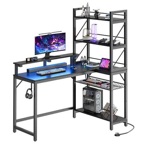 YITAHOME L Shaped Gaming Desk with Power Outlets & LED Lights Corner Desk with Shelves 106CM Reversible Computer Desk with Storage Shelves Gaming Desk with Hooks for Home Office(Carbon Fibre Black)
