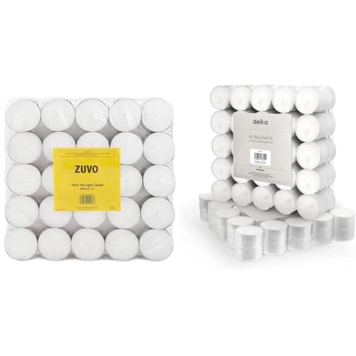 Tea Lights Candles 4 Hour Burn (100 Pack) - White t Lights - Unscented 3.8 x 2.3 cm - 4hr - Zuvo & delka 8 Hour Tea Light Candles, 50 Pack, Long Burning Time, Unscented Tea Lights - White