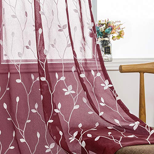 AmHoo 2 Panels Embroidered Leaf Pattern Semi Sheer Curtains Foliage Floral Voile Window Draperies Treatment for Bedroom Living Room Rod Pocket Burgundy Red 53 x 95 Inch