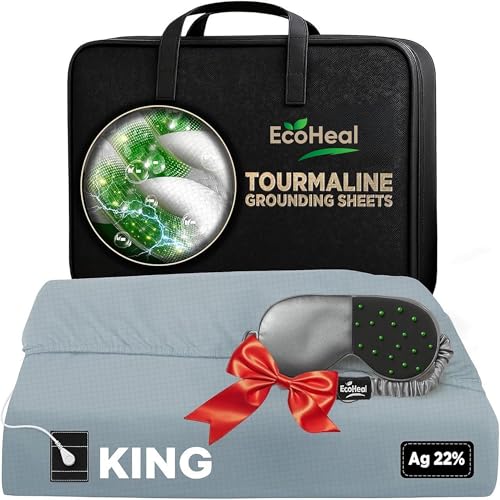 ECOHEAL Grounding Sheet with 20% Silver Fiber and Tourmaline Cotton ??? Fitted Conductive Bed Sheet with Grounding Cord, Eye Mask, and Tester ??? Earth Connection Sheet (Cloud Grey, King)