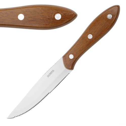 Olympia Jumbo Steak Knives with PP Wood Effect Handles, Pack of 12 - Sharp serrated edge slices meats cleanly at the table without tearing, while the ergonomic handle reduces hand fatigue.