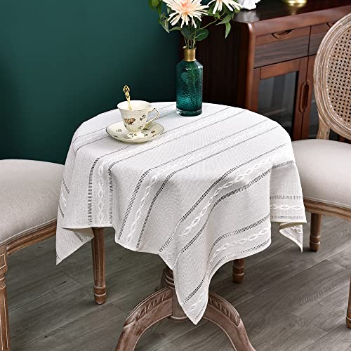 NEWISHER Embroidered Small Square Tablecloth, 36x36 Inch End Table Cover - White Square Table Cloth, Rustic Jacquard Striped Tablecloth, Washable Dining Table Cover for Kitchen Home Decoration