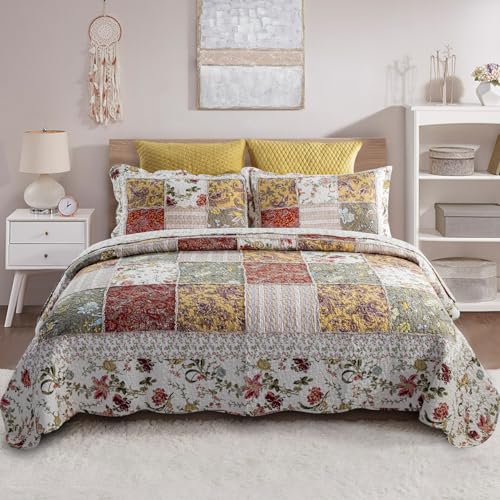 YAYIDAY Oversized Queen Bedspreads Patchwork Quilt Set (110x118 Inch) - 100% Cotton Reversible Breathable Red Multicolor Quilted Coverlet with Pillow Shams For All Seasons