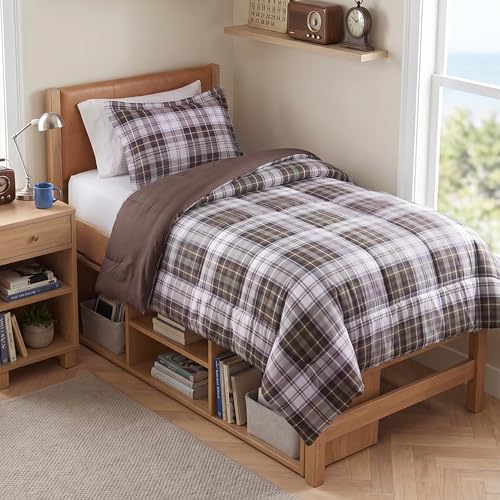 Madison Park Essentials Parkston Plaid Comforter, Matching Sham, 3M Scotchguard Stain Release Cover, Hypoallergenic All Season Bedding-Set, Twin/Twin XL, Brown, 2 Piece