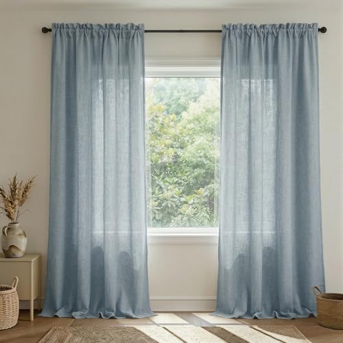 Grey Blue Curtains 84 Inch Length for Living Room 2 Panel Sets Rod Pocket Light Filtering Semi Sheer Linen Blend Country Blue Farmhouse Curtains for Bedroom Dining Dusty Blue Gray Drapes 52x84 Long