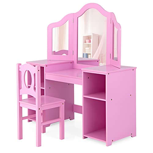 GYMAX Kids Dressing Table and Chair Set, 2 in 1 Children Vanity Table with Tri-Folding Mirror and Storage Shelf, Wooden Girls Make-up Dresser for Bedroom (Pink, With Chair: 30 x 30 x 66 cm)