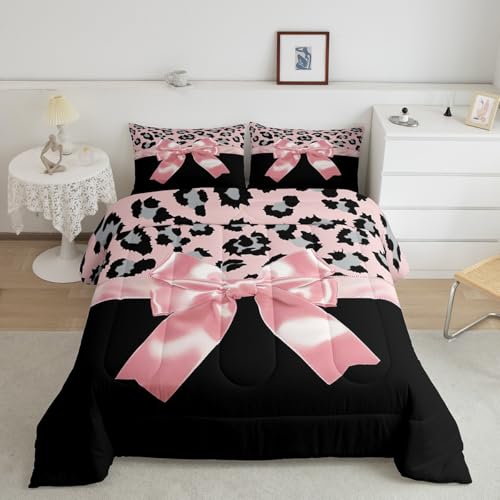 jejeloiu Pink Silk Bowknot Duvet Cover Full Size Grey Leopard Bedding Set for Kids Girls Women Black Pink Comforter Cover Set Sweet Romantic Bedspread Cover 3Pcs