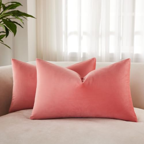 JUSPURBET 14x24 Throw Pillow Covers Set of 2 Decorative Pillow Covers for Couch Sofa Bed Cozy Velvet Lumbar Cushion Covers Cases with Invisible Zipper for Living Room Home Decor,Coral