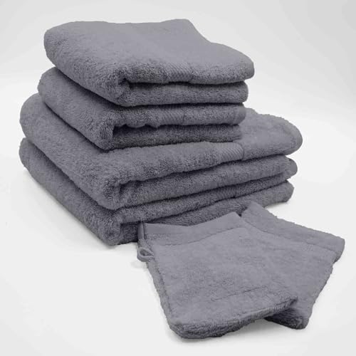 Douceur d'Intérieur, Set of 2 Gloves (15 x 21 cm), 2 Towels (50 x 90 cm) and 2 Shower Towels (70 x 130 cm) Terry Cloth, Elegance Anthracite