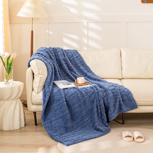 "YUSOKI Sherpa Large Throw Blanket Single Layer,Light Weight(1.7lb),320GMS-3D Stylish Design for Gift Home Decor (Washed Blue,50""x65"")"
