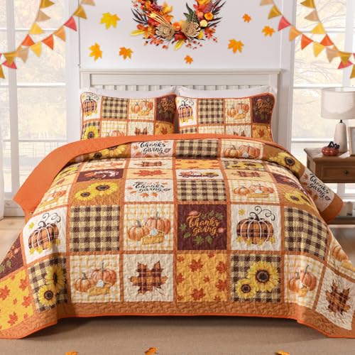 Anibedding 3Pieces Fall Patchwork Quilts King Size, Pumpkin Maple Leaves Sunflower Pattern Quilt Bedding Set with 2 Pillows for Thanksgiving Day Gifts