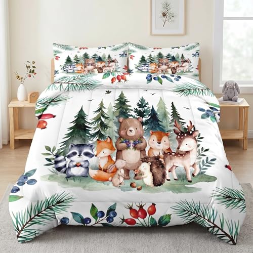Pamnest Comforter Set Queen Size, Safari Woodland Animal Bird Soft 3 Pcs Bedding for Kids and Adults, Fox Cute Bear Jungle Comforter Set with Pillowcase, for Bedroom Bed Decor