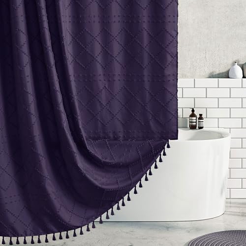 "Siiluminisoy Boho Shower Curtain 84inch Dark Purple Woven Fabric Long Shower Curtain, Tufted Chevron Textured Striped 72"" x 84"" Modern Farmhouse Minimalist Cloth Shower Curtains for Bathroom"