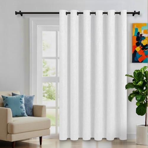 LORDTEX Linen Look Blackout Curtains for Bedroom Living Room Grommet Top - Extral Wide Thermal Insulated Privacy Protection Patio Sliding Door Drape, Thick Textured Panel, W100 x L84 inches, White