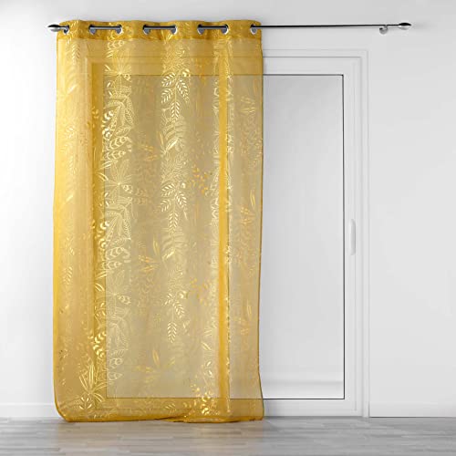 Douceur d'Intérieur, Belflor Net Curtain with Eyelets (140 x 240 cm) Yellow/Gold, Metallic Printed Sandblasted Voile