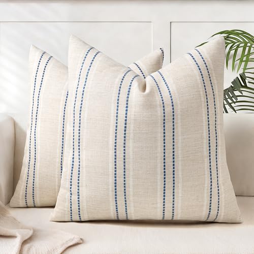 AELS 18x18 Decorative Farmhouse Linen Throw Pillow Covers, Boho Textured Pillow Case, Set of 2,Beige with White & Navy Blue Stitch Yarn Dyed Stripe Cushion Cover for Sofa Couch Living Room(Cover ONLY)
