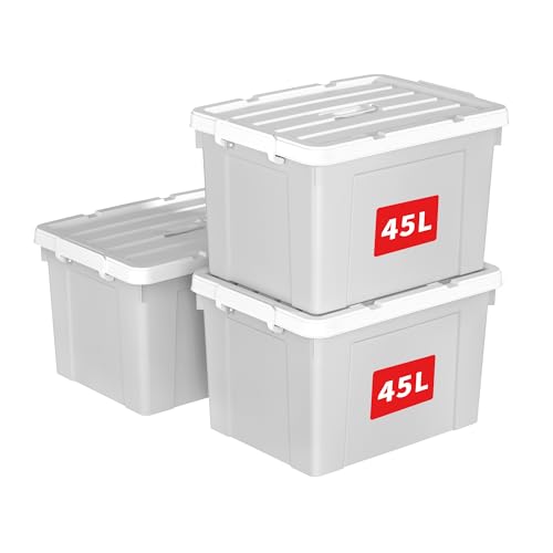 Cetomo 45L*3 Storage Boxes, Carry Plastic Storage Box with Lids, Organizing Container with Handle and Secure Latching Buckles, Stackable, Nestable, Tote Bin for Home Office Clothes, 45L-3Pack, Gray
