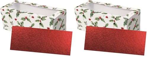 Culpitt Vintage Holly Cake Box and Red Cake Board, Rectangular Cake Card and Box Combo For Christmas Yule Logs And Festive Bakes - 12 inch (Pack of 2)