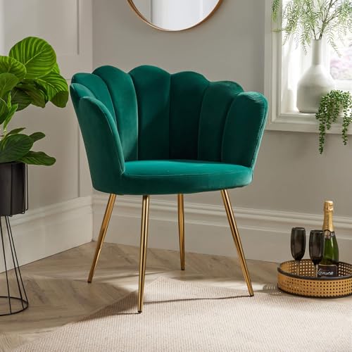 Home Source Velvet Scallop Shell Chair Wing Back Armchair Occasional Sofa, Green, Gold Legs