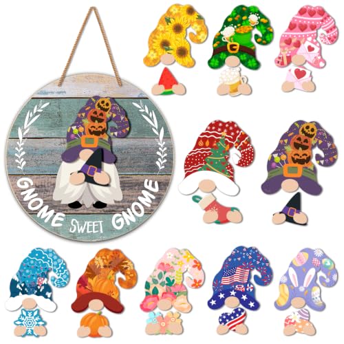 Interchangeable Gnome Welcome Sign St.Patrick's Day Door Decorations, Changeable Seasonal Front Porch Decor Wood Wreath Gnomes Gifts for Spring Summer Fall Winter All Seasons Holiday, Antique Blue