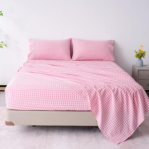 "Cotton Checkered Twin Size Sheets Set 3 Piece, Pink Gingham Bed Sheet 100% Cotton Luxury, Breathable & Cooling Sheets Twin Size Bed Set Deep Pockets Upto 16"" Pink & White Plaid Sheets"