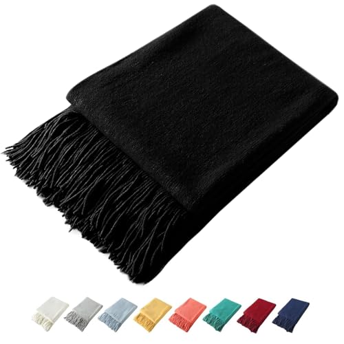 Homiest Decorative Knitted Throw Blanket with Fringe, Lightweight Acrylic Knit Soft Tassel Blanket for Couch Sofa Bed (Black, 50 x 60 inches)