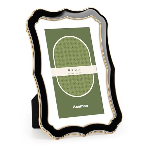 Axeman 4x6 Enamel Picture Frame with Mat for 3x5 Photo-Tempered Glass-4 x 6 Modern Ornate Photo Frame with Gold Metal Edge Velvet Back for Tabletop and Wall Mount Display, Black