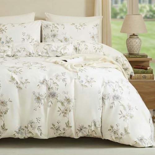 Cozaline 100% Cotton Duvet Cover Set King ??? Cream Fresh Watercolor Floral Bedding Set 3 Pieces, Ultra Soft Reversible Comforter Cover with Zipper Closure, Nature-Inspired Botanical Bed Set