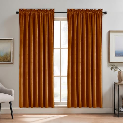 JIUZHEN Terracotta Red Velvet Curtains for Bedroom - 84 inches Thermal Insulated Room Darkening Rod Pocket Blackout Drapes for Office/Closet, Set of 2 Panels with Tiebacks, 42W x 84L