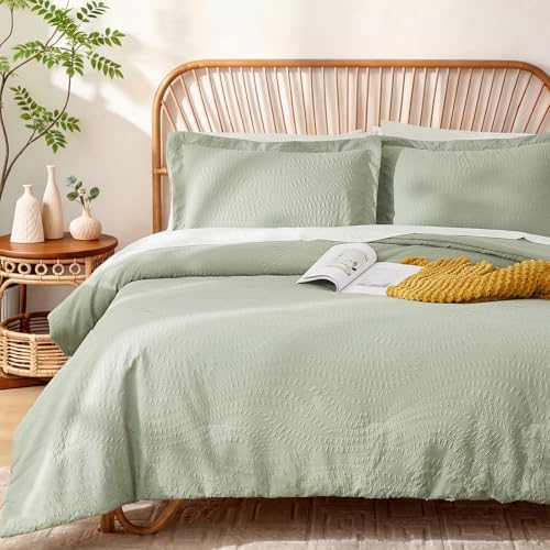 King Size Comforter Set- 7 Pieces Sage Green Bed in a Bag King Bedding Sets - All Season Soft Botanical Textured Comforter Bed set with Sheets, Pillowcases & Shams