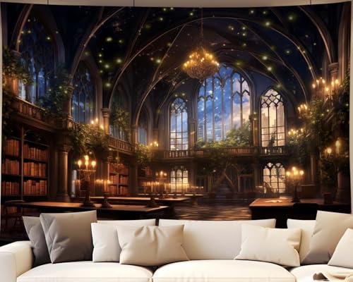 "QGHOT Library Tapestry - Fairy Tale Magic School Bookshelf Wall Hanging for Study, Teens Bedroom, Living Room, Dorm - Medieval Room Decor (59.1""x51.2"")"