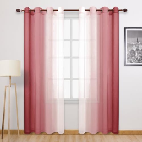 DWCN Transparent Ombre Curtains Faux Linen Semi Voile Gradient for Bedroom Living Room 132 x 213 cm Length Set of 2 Window Panels Burgundy