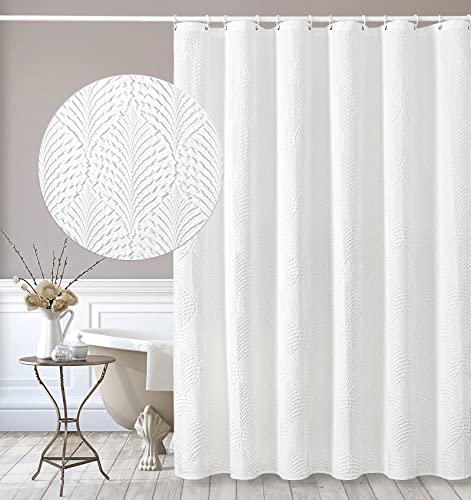 Gibelle White Shower Curtain, 3D Embossed Textured Modern Farmhouse Boho Fabric Shower Curtain, Hotel Spa Ruffle Like Decorative Soft Cloth Bathroom Curtain Shower Set with Hooks, 72 x 72