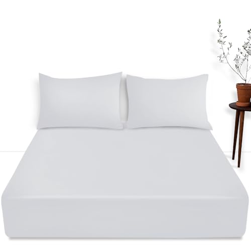 Luxury Bedding Fitted Sheet Double - Plain Dyed White Bed Sheet - Polycotton Deep Pockets Bedsheet 16 inch (40 cm) - Machine Washable