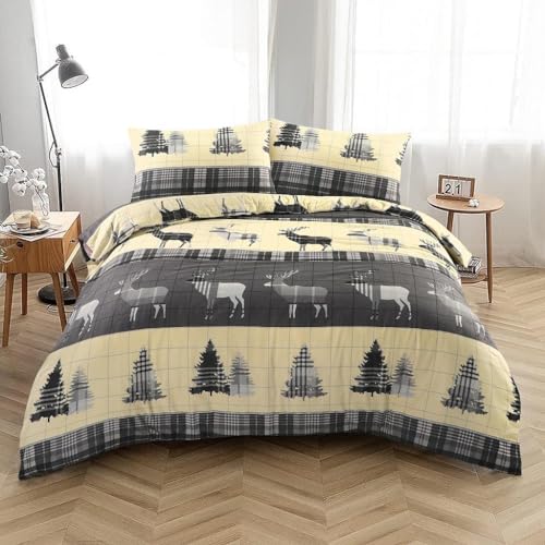 Kampala Hill Flannelette Tartan Stag Brushed Cotton Duvet Cover Set Bedding Set Grey Super King